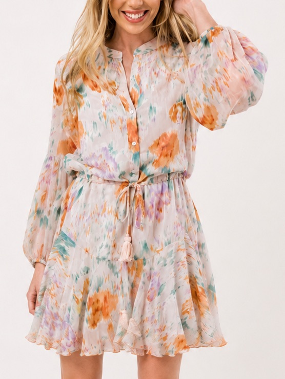 Aakaa Floral Watercolor Mini Dress Balloon Sleeve Tie Waist Size M Nwt